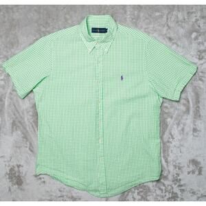 Ralph Lauren Green Plaid Cotton Short Sleeve Button Down Shirt Mens Size L